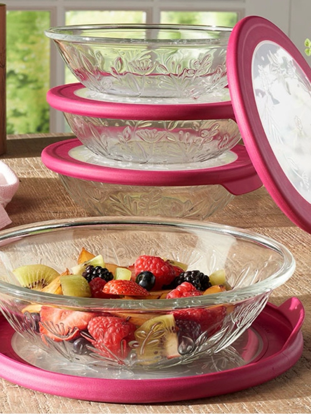 Princess House Clear Glass Serving Bowls with Pink Lids